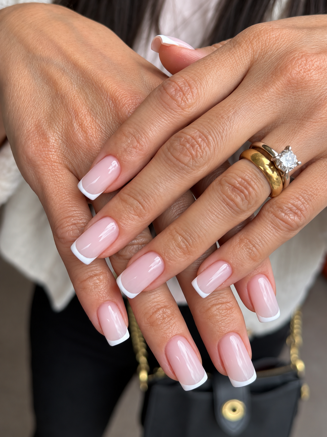 Soft pink hard gel manicure with a clean French finish